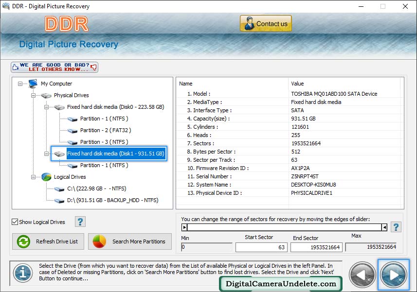Digital Pictures Recovery Select Disk Partition